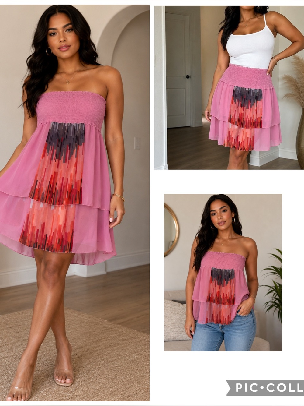 Universal piece Pink Mixed-Print Strapless Women's top/skirt/dress